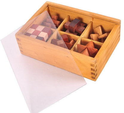 6-Burr-Puzzles-In-Wooden-Box-Lid-Half-Open